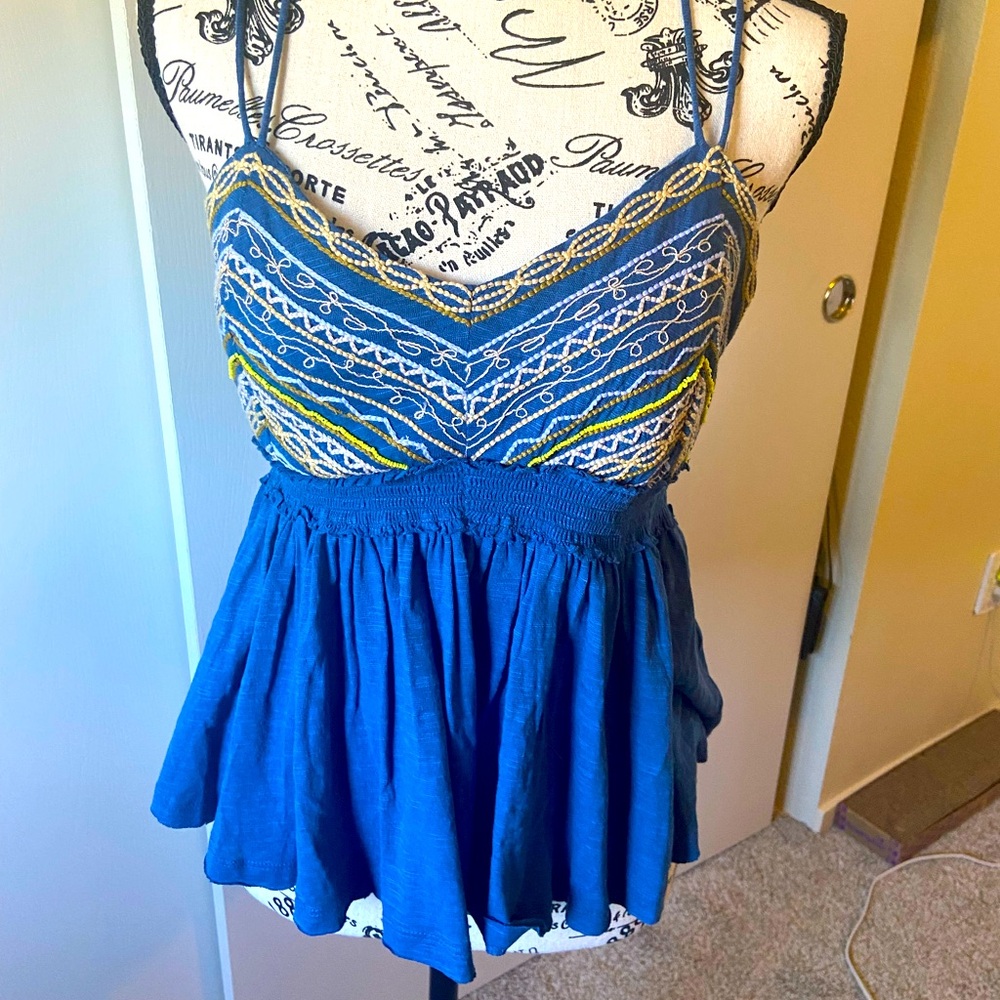 Free People embroidered Cami style top with elastic back very soft cotton